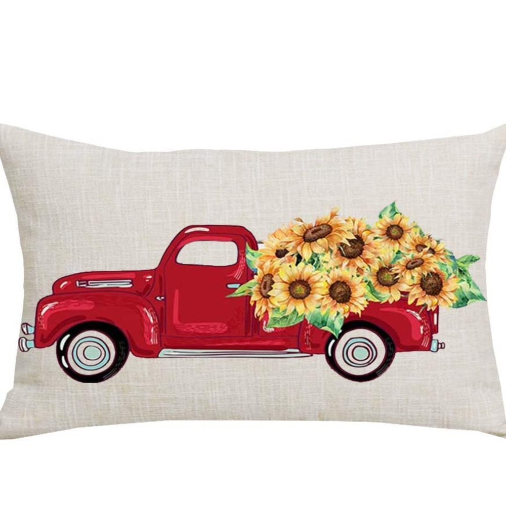 Yellow Sunflowers Red Pickup Truck Throw Pillow Cover Rectangular 12 x 20 Inches